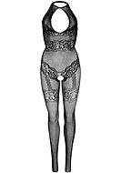 Elegant bodystocking, fishnet, rhinestones, open crotch, keyhole, stockings imitation